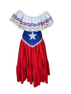 Puerto Rican Traditional Dress - Wide Red Flag Style https://vivianfong.com/products/puerto-rican-traditional-dress-wide-red-flag-style 
Make It Yours: This is our Puerto Rican Traditional Dress - Wide Red Flag Style, we have your size. Celebrate the wonderful Puerto Rican Culture. Wear our dress and be part of a beautiful tradition.Includes: Blouse, Skirt and Star Belt What sizes are... #Hot Star Belt, Puerto Rican Culture, Hispanic Culture, Blouse Skirt, Theme Birthday, Red Flag, Puerto Rican, Traditional Dress, I Care