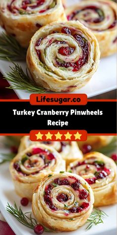 three different types of cranberry pinwheels on plates with text overlay