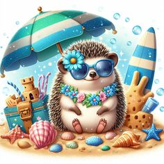 a hedgehog with sunglasses and a flower wreath sits under an umbrella on the beach