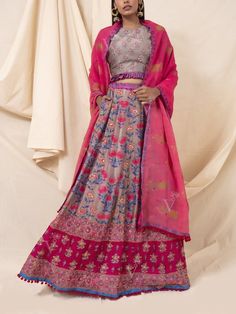 Buy Grey And Pink Silk Printed Lehenga Set Online – Vasansi Jaipur Shaded Lehenga, Ghaghra Choli, Printed Lehenga, Floral Lehenga, Lengha Choli, Lehenga Online, Silk Lehenga