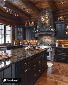 a kitchen with granite counter tops and black cabinets, along with wood flooring that matches the ceiling