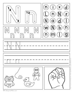 the letter n worksheet is shown in black and white with pictures of animals, letters