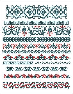 a cross stitch pattern with red and blue designs on white paper, including an ornate border