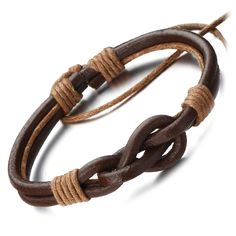 two brown leather bracelets with rope on white background