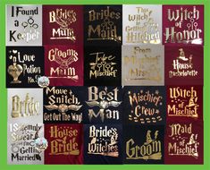 many different types of wedding shirts with gold foil lettering on the front and back of them