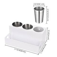 a cup holder with three cups in it and measurements for each cup on the bottom