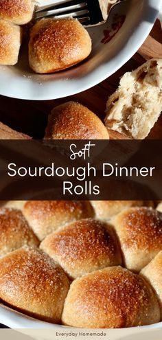 two plates with rolls on them and the words soft sourdough dinner rolls