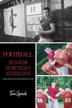 a collage of photos with the words football senior portrait session