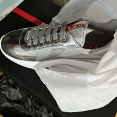 Silver Prada Sneakers, Silver Sneakers, Silver Shoes, Prada Shoes, Designer Sneakers, Shoe Game, Mens Shoes Sneakers, Limited Time, Womens Sneakers