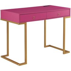 a pink desk with gold legs and a drawer on the top, against a white background