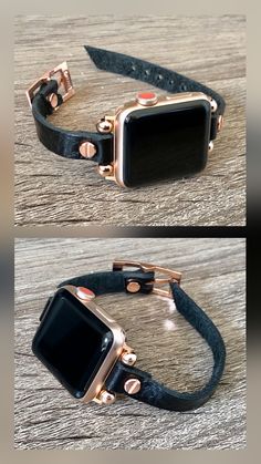 two pictures of an apple watch with black leather straps and rose gold buckles on each strap