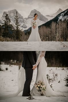 the bride and groom are posing for pictures in the snow with mountains in the background