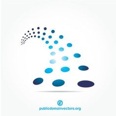 a blue and white logo with dots coming out of the top, on a light background