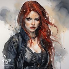 a watercolor painting of a woman with red hair and piercings on her head