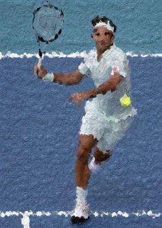 a man holding a tennis racquet on top of a tennis court in front of a blue wall