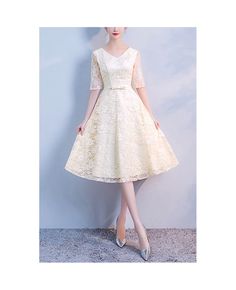 Get 10% off now! Buy champagne vneck lace knee length party dress with sleeves at cheap price online. Free stable shipping and pro custom service since 2009. Elegant Lace V-neck Party Dress, Summer Lace V-neck Dress For Wedding Guests, Summer V-neck Lace Dress For Wedding Guest, White V-neck Party Dress With Short Sleeves, Knee-length Lace Dress For Party Season, White Short Sleeve V-neck Party Dress, Cream Lace Knee-length Dress, Knee-length Beige Lace Midi Dress, Beige Lace Knee-length Midi Dress