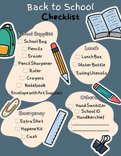 the back to school checklist is shown in this graphic style, with various items on it