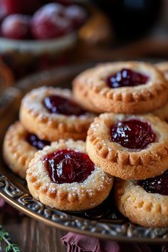 Raspberry jam-filled cookies on a decorative plate. Plum Jam Cookies, Blackberry Jam Cookies, Delicious Sugar Cookie Recipe, English Shortbread, Butterhorns Recipe, Business Cookies, Thumbprint Cookies With Icing, Cookies With Icing, Mozzarella Sticks Recipe