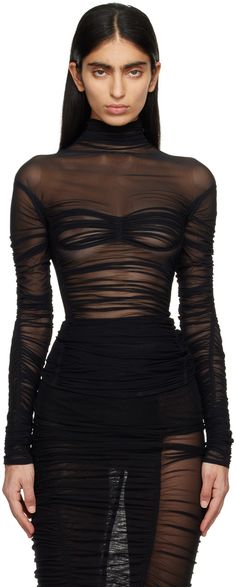 Semi-sheer stretch nylon mesh turtleneck. · Ruching throughout · Curved hem Supplier color: Black Sheer Mesh Outfit, Manna Boutique, Ruched Outfit, Mesh Turtleneck Outfit, Chic Goth Outfits, Black Mesh Outfit, Black Sheer Top Outfit, Black Fashion Outfits, Sheer Turtleneck