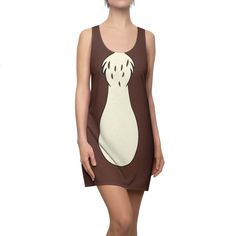 a woman wearing a brown and white dress with an image of a dog on it