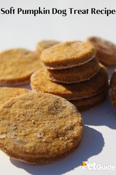 a pile of pumpkin dog treats sitting on top of a white tablecloth with the words, soft pumpkin dog treat recipe