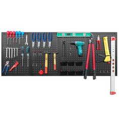 a pegboard with various tools hanging from it's sides, including screwdrives and pliers