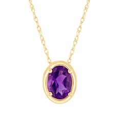 With classic elements that never go out of style, this darling gemstone necklace will add elegance to any look. Crafted from 10k yellow gold, this pendant boasts a purple oval amethyst gemstone framed in polished gold. The pendant measures 7mm in length and 5mm in width. An 18inch cable chain is included with your purchase. Luxury Oval Purple Necklace, Luxury Purple Oval Pendant Jewelry, Luxury Oval Gemstone Necklace, Yellow Gold Oval Birthstone Necklace, Classic Oval Amethyst Necklaces, Classic Amethyst Oval Pendant Necklace, 14k Gold Oval Necklace In Purple, Wedding Day Jewelry, Engagement Ring Guide