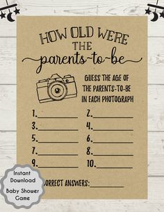 a brown paper sign that says how old were the parents to be guess the age of the parents - to - be in each photograph