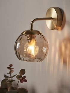 a light that is on the wall next to a potted plant and some plants