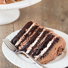 a slice of chocolate cake on a white plate with a fork next to the rest of the cake