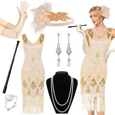 PRICES MAY VARY. 【Great Roaring 20s Women Outfit】You will receive 9pcs 1920 flapper girl outfits, including a apricot sequin fringed dress, a feather headpiece designed with diamond, a pearl necklace, a handheld props, a pair of long glove, a pair of gemstone earrings and a ring. Rich accessory set perfectly meets your 1920s theme party dress up needs! 【Carefully Selected Materials】Our 1920 women's dress is made of high-quality shredded milk, comfortable and breathable, with excellent drape. The Roaring 20s Women, 1920s Theme Party, Great Gatsby Accessories, 20s Costume, Rumba Dresses, 1920s Theme, 1920 Women, Fringed Dress, 1920s Women