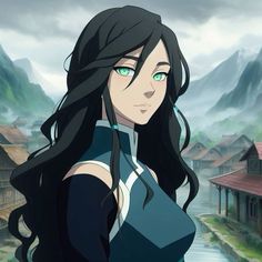 a woman with long black hair and green eyes standing in front of a mountain village