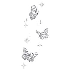 three butterflies flying through the air with stars in the sky behind them on a white background