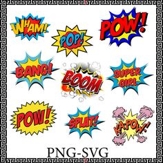 various comic speech bubbles with the word pow on them in different colors and shapes, including black