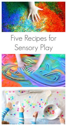 three different pictures with the words five recipes for sensory play in front of them