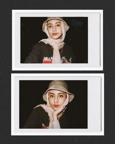 two polaroid photos of a woman wearing a hat and scarf with her hand on her chin