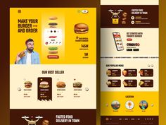 an image of a website design with food items on the front and back pages, including burgers