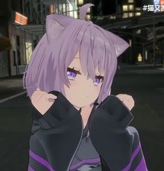 an anime character with purple hair and cat ears, standing in the street at night