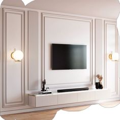 a flat screen tv mounted to the side of a white wall in a living room