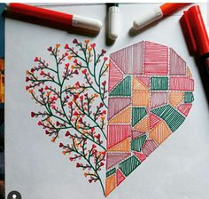 a drawing of a tree with leaves and branches in the shape of a heart on a piece of paper