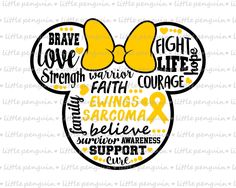 a mickey mouse head with the words, sayings and phrases in yellow on it