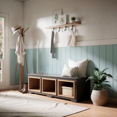 a living room with blue painted walls and wooden furniture, including a coat rack on the wall