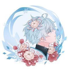 an anime character with flowers in his hair