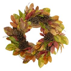 a wreath with leaves and pine cones on it