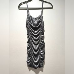 Nwot Forever 21 Velvet Gray Scrunch Party Dress, Size L Gray Bodycon Dress For Party, Silver Ruched Dresses For Party Season, Metallic Ruched Mini Dress For Party Season, Silver Bodycon Mini Dress For Night Out, Silver Ruched Dress For Night Out, Forever 21 Ruched Dress For Night Out, Forever 21 Ruched Mini Dress For Night Out, Metallic Silver Fitted Mini Dress For Night Out, Puffy Dresses