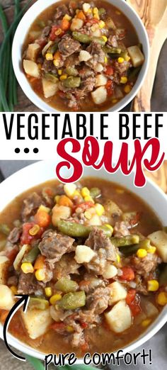 two bowls filled with vegetable beef soup on top of a wooden table