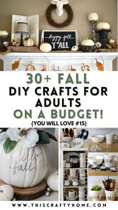 some white pumpkins and other decorations with the words 30 fall diy crafts for adults on