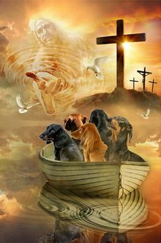 a painting of dogs in a boat with a cross