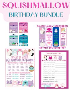 the squshmallow birthday bundle is shown in pink, blue and white with an animal theme