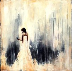 a painting of a woman in a white dress holding an umbrella and looking down at the ground